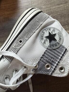 Quirky White High-Top Sneakers with Funky Patchwork Flair